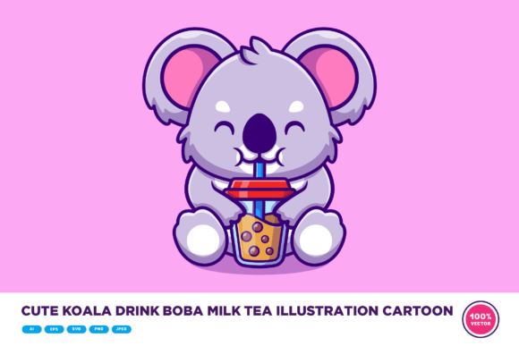 Cute Koala Drink Boba Milk Tea Cartoon